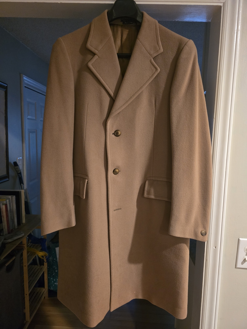Men's Camel Wool Blend Overcoat - Classic Single-Breasted Coat (42L)
